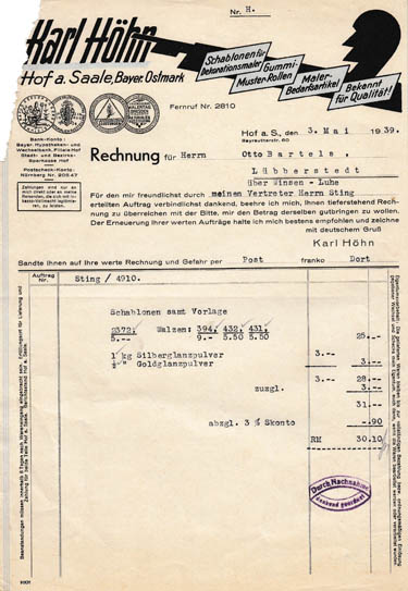 Alte Rechnung von 1939 - Karl Höhn